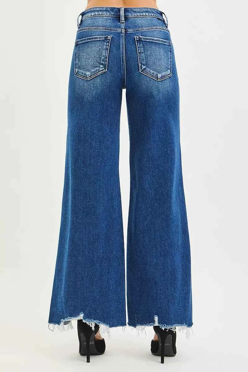 RISEN High Rise Wide Leg Jeans with Distressed Hem a9c0f7ca4d904f6ebc766f95282f6f3e-Max-Origin Trendsi