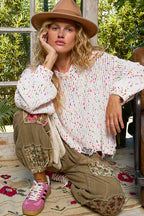 POL Sweater Knit White Pink Colorful Round Neck Fringed Distressed Hem a9c388d3-a796-4e00-beda-798e80cf816f-Max-Origin Trendsi