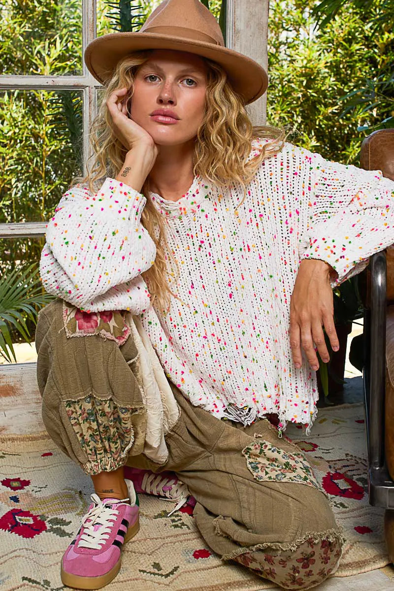 POL Sweater Knit White Pink Colorful Round Neck Fringed Distressed Hem a9c388d3-a796-4e00-beda-798e80cf816f-Max-Origin Trendsi
