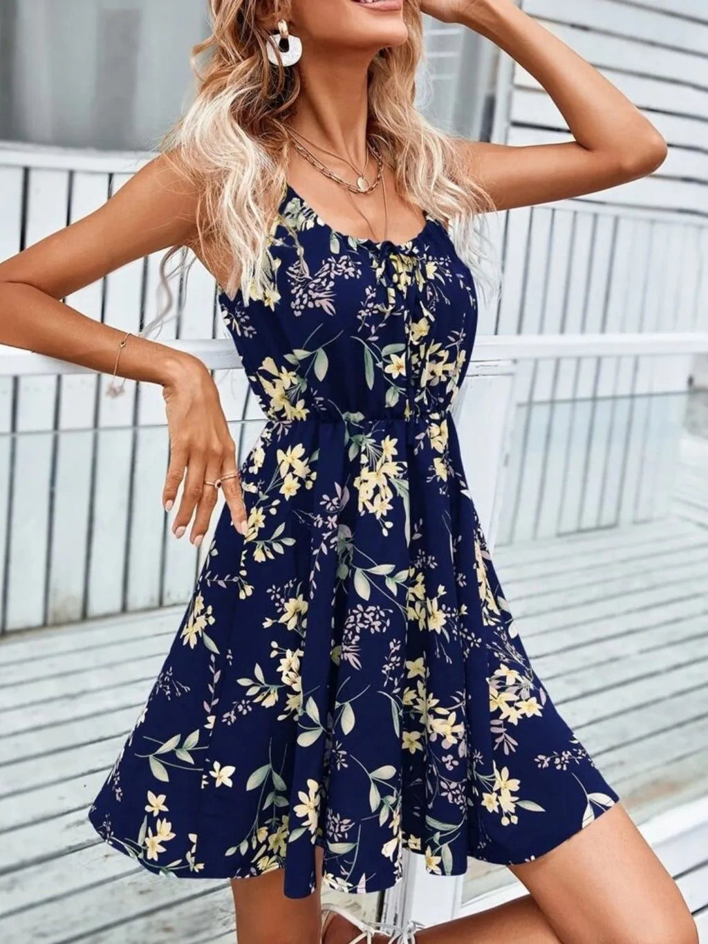 Floral Print Mini Dress Spaghetti Strap Summer Tied Neck Ruffled Dark Blue a9c9826d-9046-4b3f-9703-0f8aaed5078f-Max-Origin Trendsi