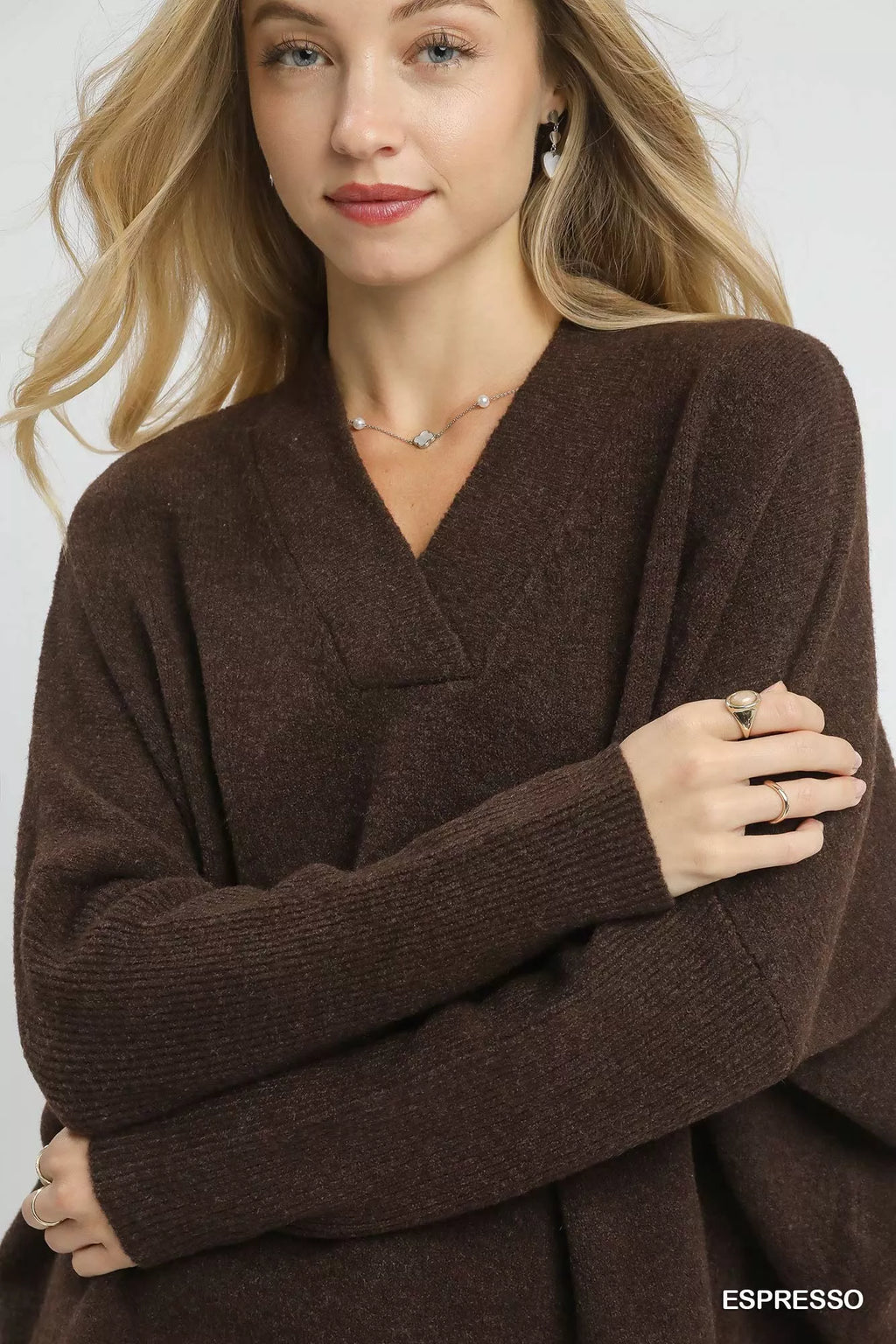 Umgee Sweater Brown V-Neck with Wide Trim Detail Ribbed Pullover a9cf9144-9339-411a-a9db-2d404d273498-Max-Origin Trendsi