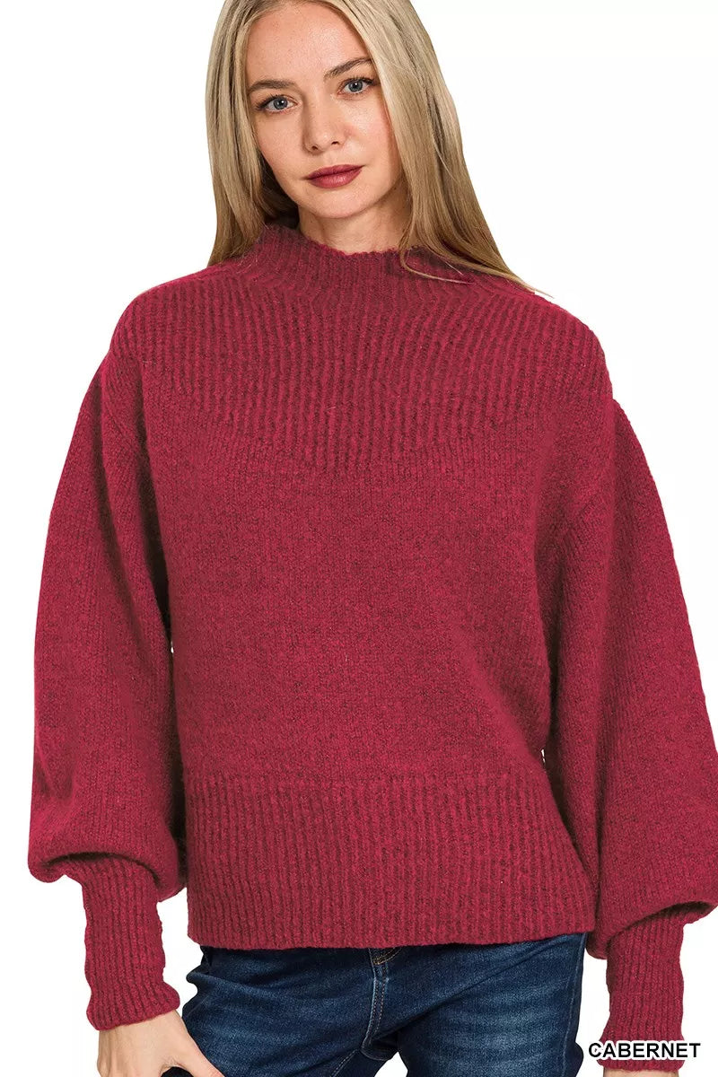 Zenana Womens Sweater Red Knit Balloon Sleeve Mock Neck Solid Pullover CABERNET a9cf9ed0db85433f9e5dd493407634aa-Max-Origin Trendsi
