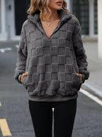 Womens Sweatshirt Cozy Checkered Fleece Dark Gray Quarter Zip Top a9d307eabda34095974484dfdf7a775a-Max-Origin Trendsi