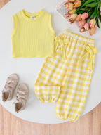 Children's Ribbed Tank Top and Plaid Pants Set with Decorative Bows