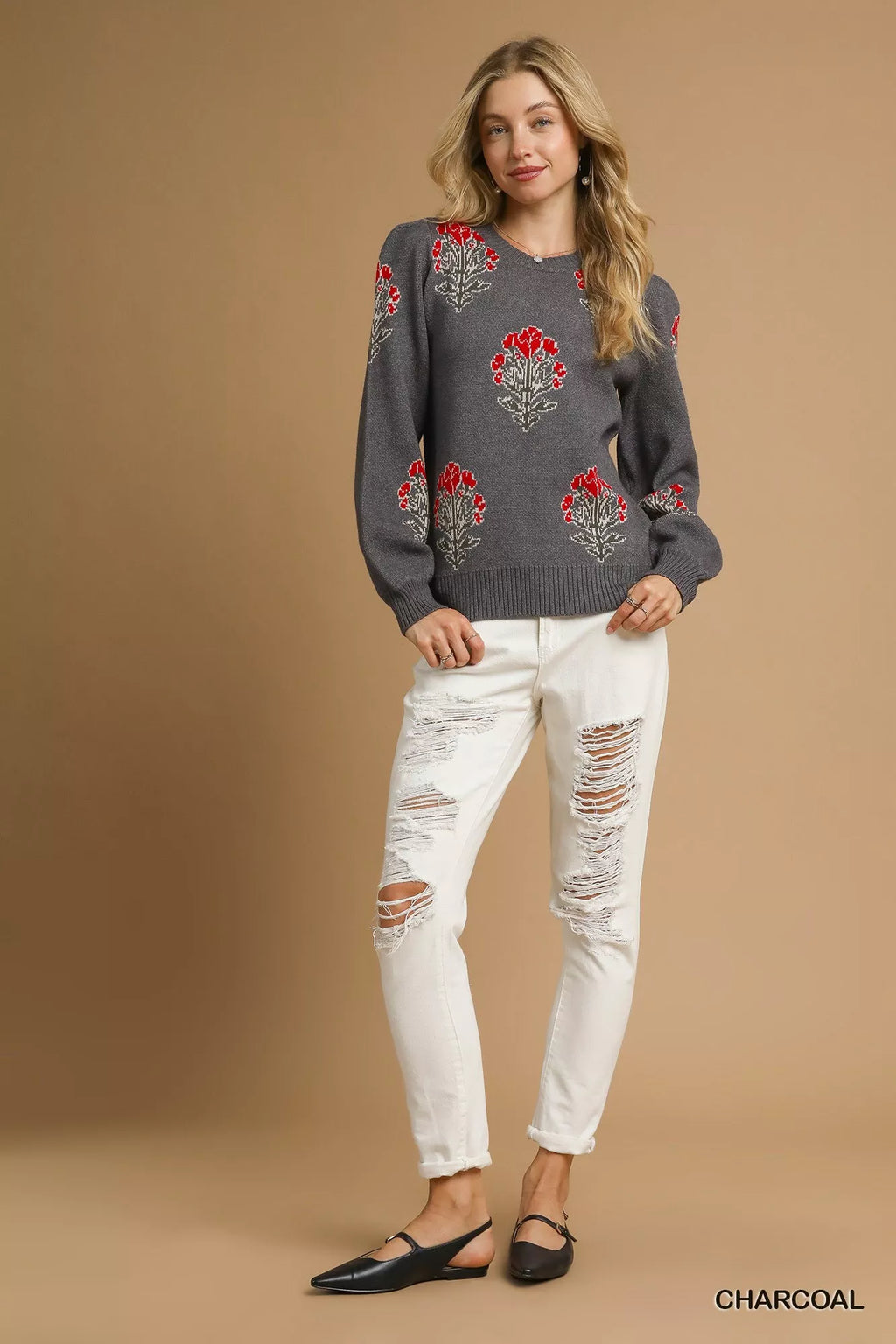 Umgee Womens Sweater Jacquard Gray Single Flower Stem Knit Pullover a9e35309-8f69-4f96-87b0-423f5e02ccf3-Max-Origin Trendsi