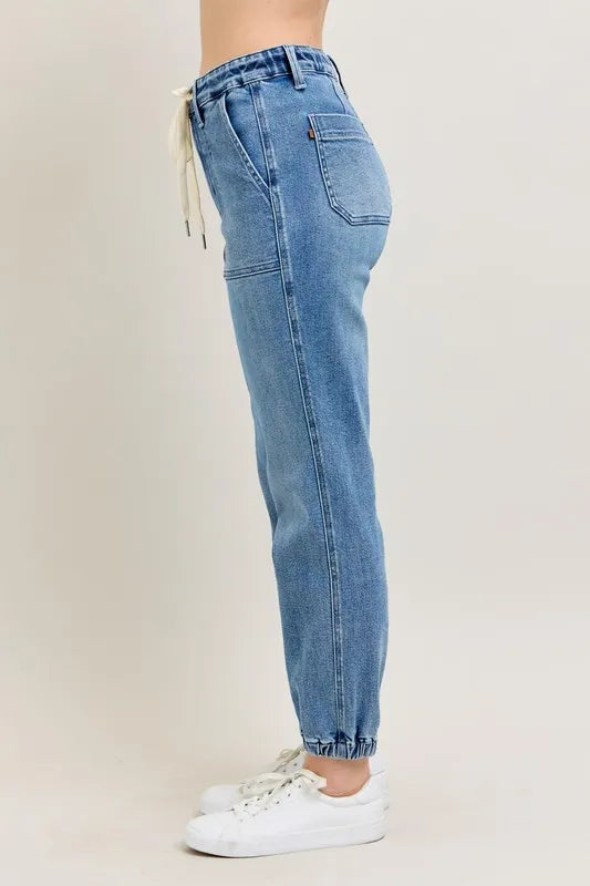 Judy Blue Denim Jogger Pants High Waist Drawstring Medium Wash a9f26b6780a5426ba5c857f2bd8ae3c0-Max-Origin Trendsi