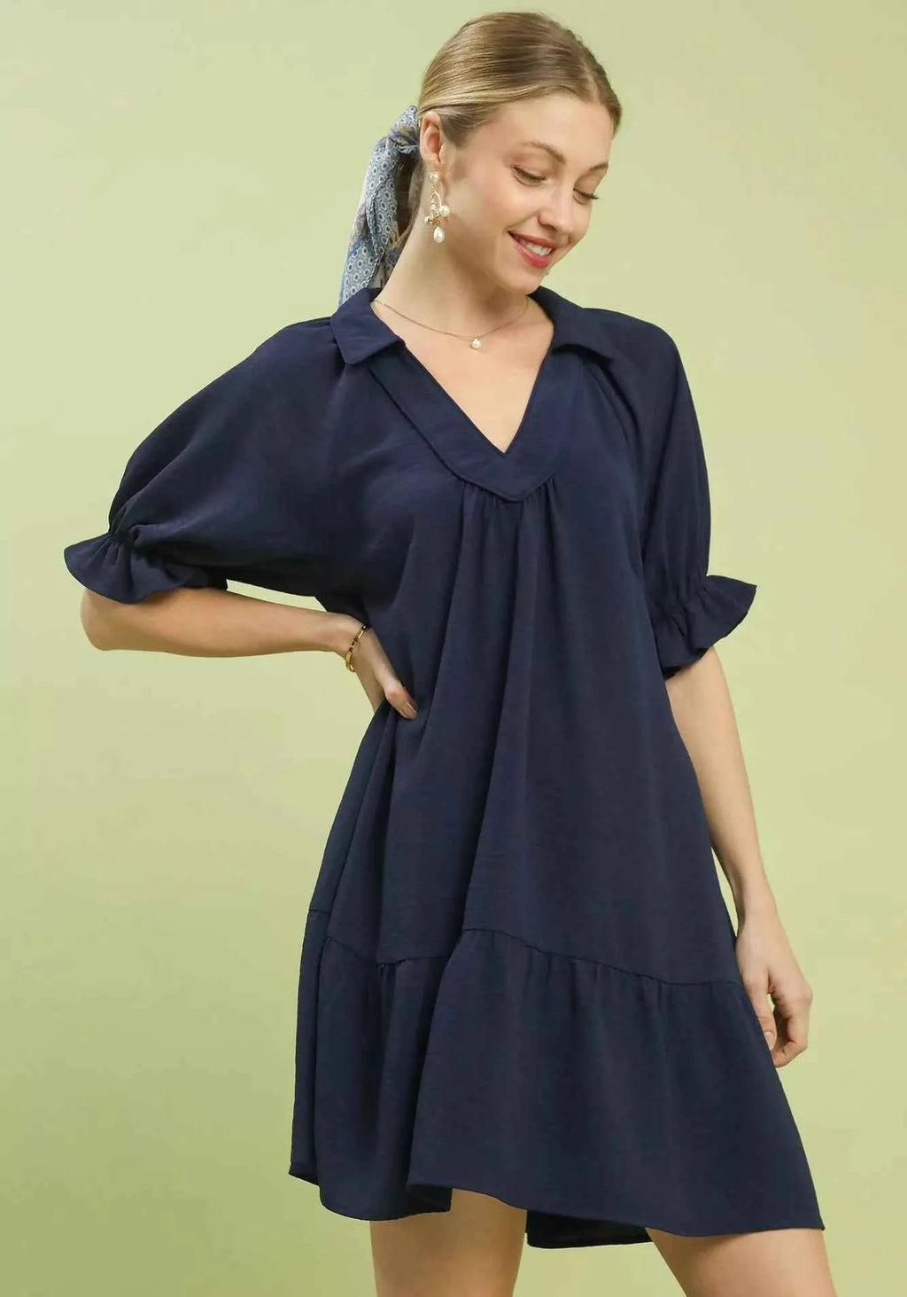 Umgee Babydoll Dress Navy Tiered Puff Short Sleeve Ruffled a9fd3caf-f0b9-47d9-a42f-89b3daea68ea-Max-Origin Trendsi