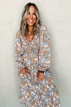 Floral Midi Dress V-Neck Long Puff Sleeve Mocha Flower Print aa064299-c002-4d2b-9e08-787aff068469-Min Trendsi