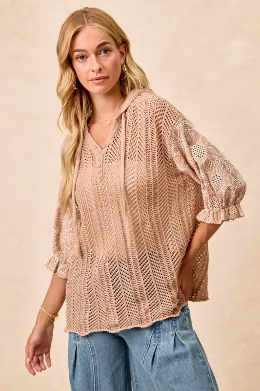 BiBi Hooded Knit Top Taupe Jacquard Flower Puff 3/4 Sleeve Button Tied aa0670da-cb99-4d3c-b08e-faf0acc3578b-Max-Origin Trendsi