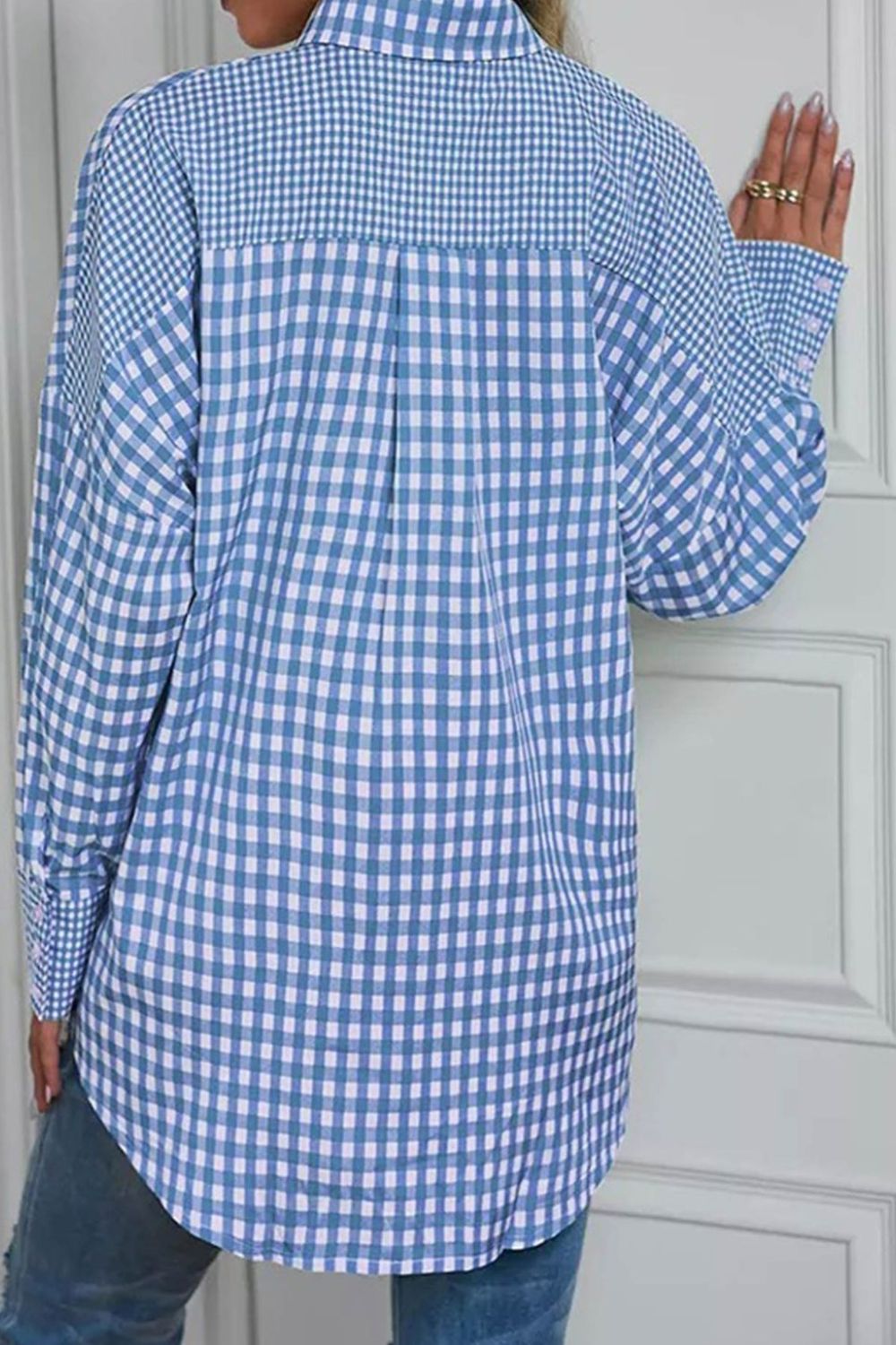 Women's Plaid Shirt Light Blue Button Up Long Sleeve Pocketed Tops aa091fd5-fe86-4d17-8eb8-638b4b35e6dc-Max Trendsi