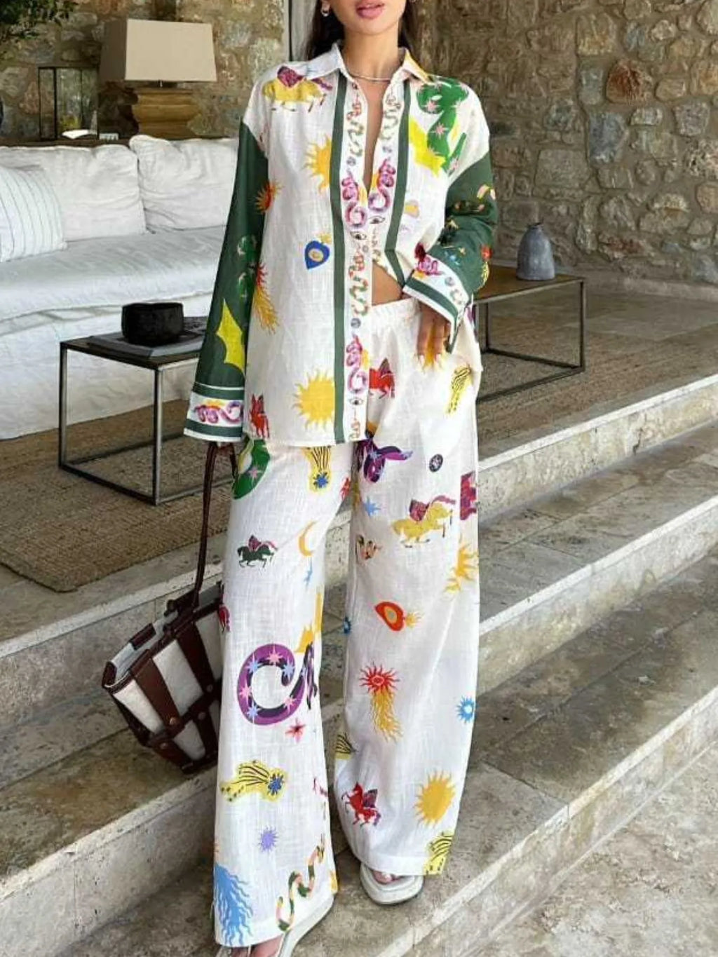 Women's Outfit Set Button Up Shirt and Wide Leg Pants White Summer Print 2 Pcs aa11d7f2-21d0-41ef-bb1a-b847ac29cfb0-Max-Origin Trendsi