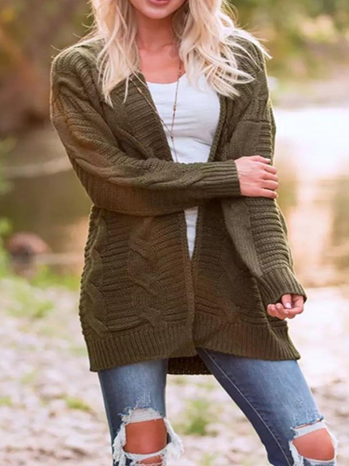 Cable-Knit Cardigan Open Front Long Sleeve Knitwear Army Green aa1c19cd-17a1-4be3-9712-e8adf64c1b96-Max Trendsi