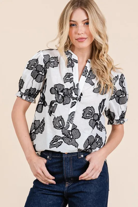 Lime 'N' Chili Blouse Floral Black Ivory Embroidered Split Neck Puff Sleeve aa1ff0b554a74829ab42d36277775f6b-Max-Origin Trendsi