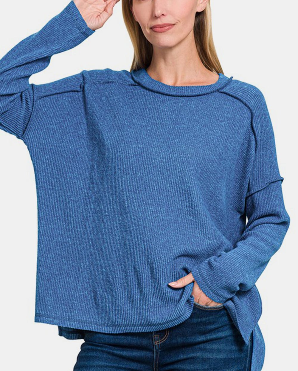 Zenana Women Sweater Knit Navy Exposed Seam Brushed Round Neck Pullover