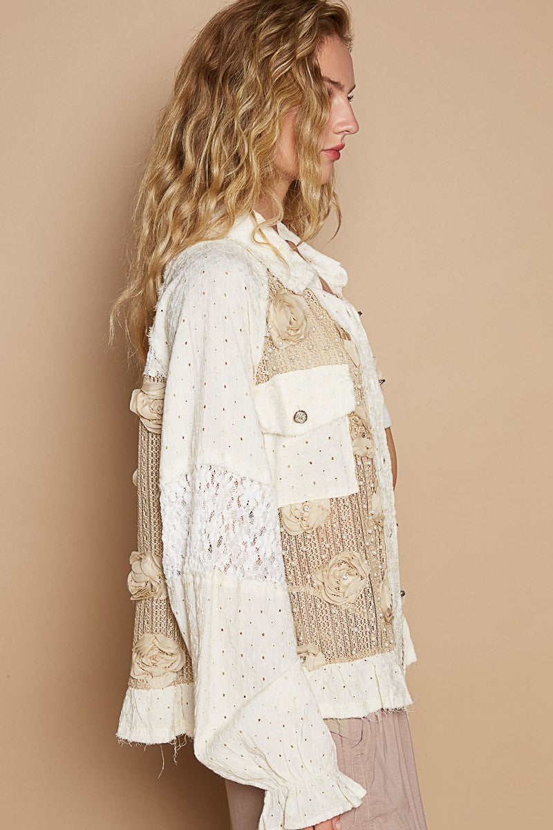 POL Shirt Mocha/Cream Eyelet Flower Pearl Detail Lace Patchwork Semi-sheer