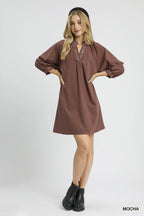 Umgee Short Shift Dress Mocha Notched Collar with Trim Lace Detail 3/4 Sleeve aa2e43ab-4646-41be-b4a8-11e84b4164f4-Max-Origin Trendsi