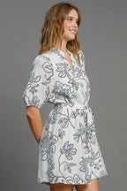 Umgee Mini Dress Off White Floral Print Notched Puff Sleeve Belted aa32d71b-0203-4c49-9709-d105e1ce72f0-Max Trendsi