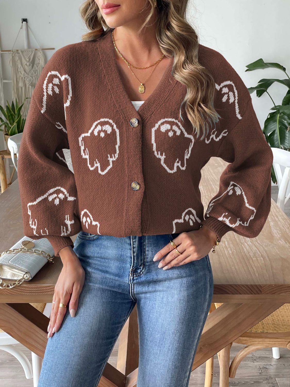 Knit Cardigan Animal Pattern V-Neck Dropped Shoulder Knitwear Brown aa375fa0-1166-4c05-9d8a-06683b373772-Max Trendsi