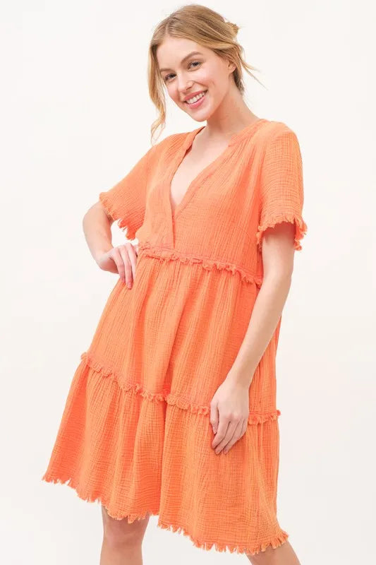 And The Why Tiered Dress Orange Washed Frayed Detail Raw Hem Short Sleeve aa394e8b9068471d82bff6f57aaaffc9-Max-Origin Trendsi