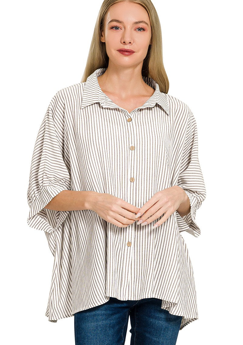 Zenana Woven Stripe Button Down Boxy Shirt