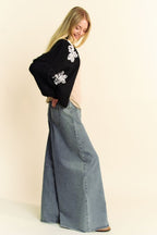 Davi & Dani Floral Applique Cardigan Black Women Open Front Long Sleeve aa458cac-295a-42e7-a606-db18a655e170-Max Trendsi
