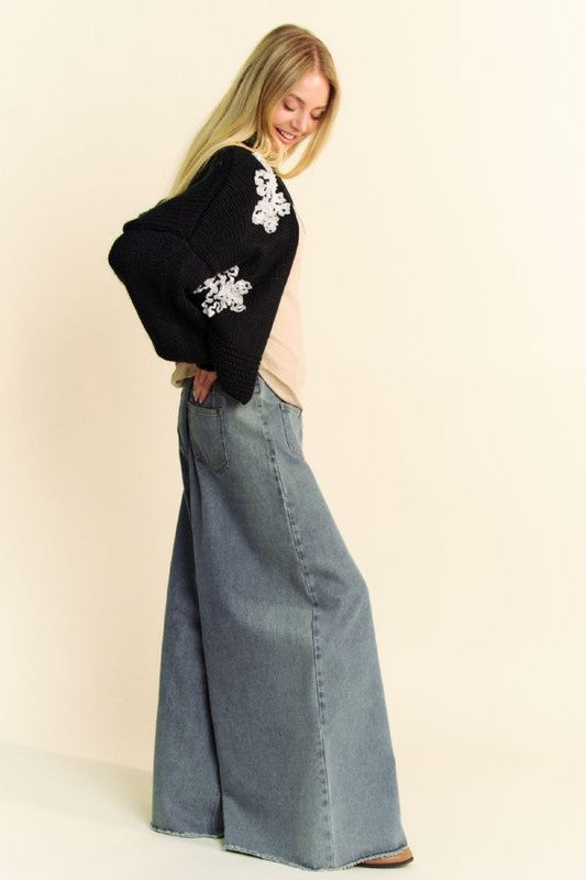 Davi & Dani Floral Applique Cardigan Black Women Open Front Long Sleeve aa458cac-295a-42e7-a606-db18a655e170-Max Trendsi