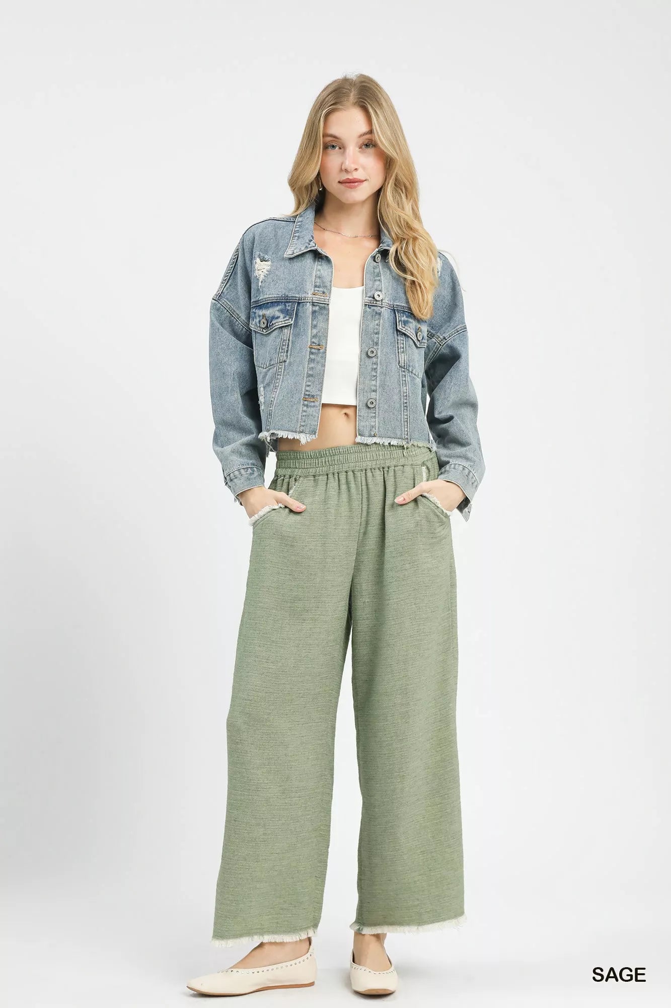 Umgee Sweatpants Wide Leg Sage Green Frayed Hem and Pockets aa480d20-5af4-4976-ac22-e8e14b417fb9-Max-Origin Trendsi