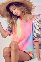 BiBi Tie Dye Woemens Blouse French Terry Top With Stripe Raglan Short Sleeve aa4918cd30824f63b8ae35ee9eb934fc-Max-Origin Trendsi