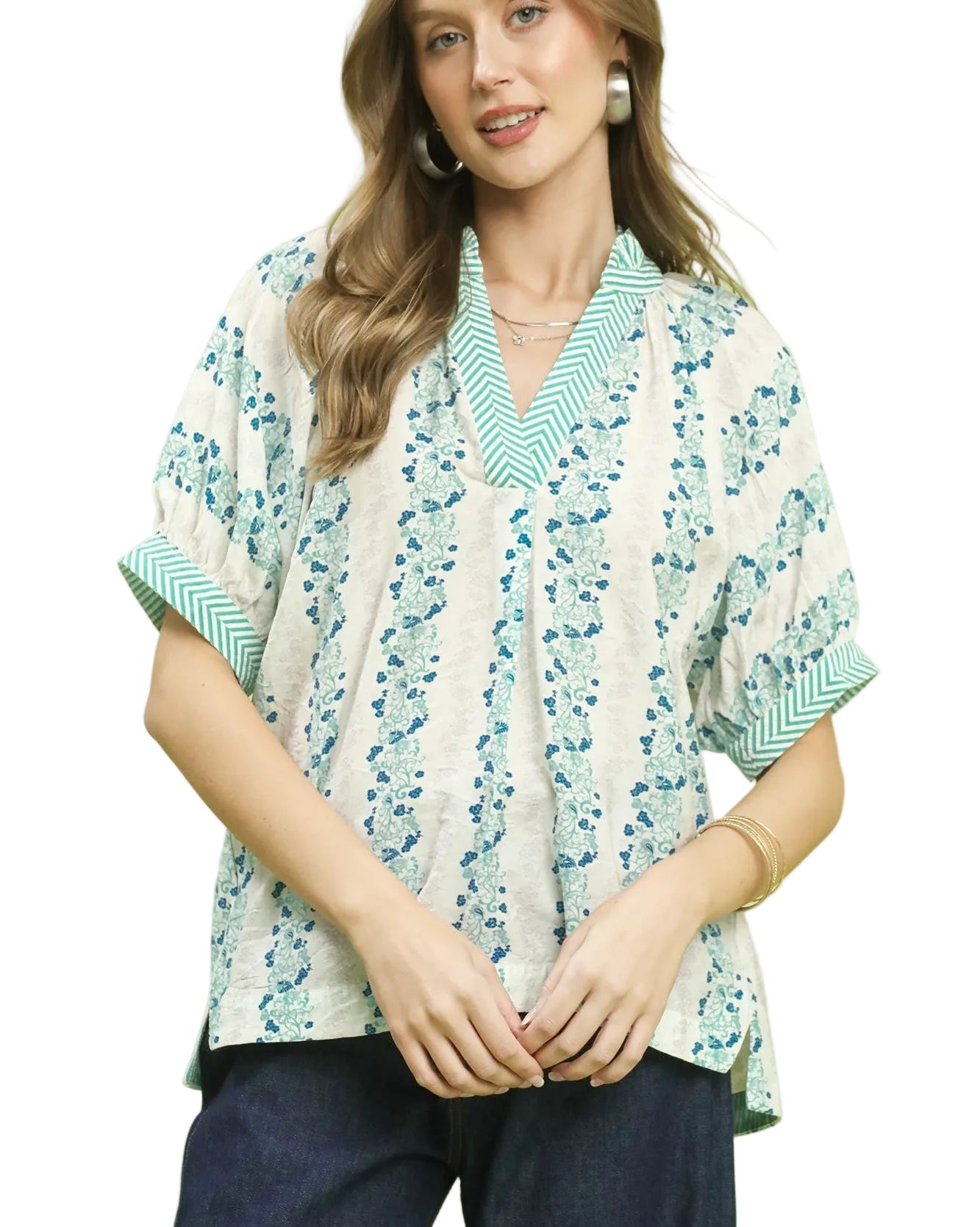 Umgee Mix Print Bohemian Blouse with Contrast Trim