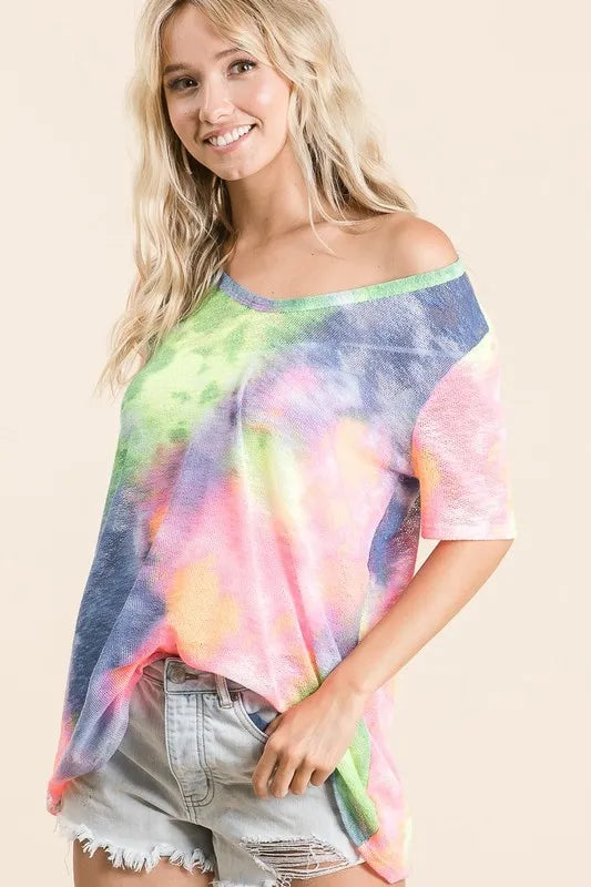 BiBi Tie Dye Print Womens T-shirt Low Gauge Deep U Neck Top aa5e5541fcd247bb801fc30459459d7b-Max-Origin Trendsi