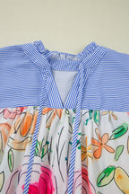 Floral Blouse Striped Yoke Frilled Tie Neck Short Puff Sleeve Top aa6130da-a535-40a5-a13e-8120e95287e0-Max Trendsi