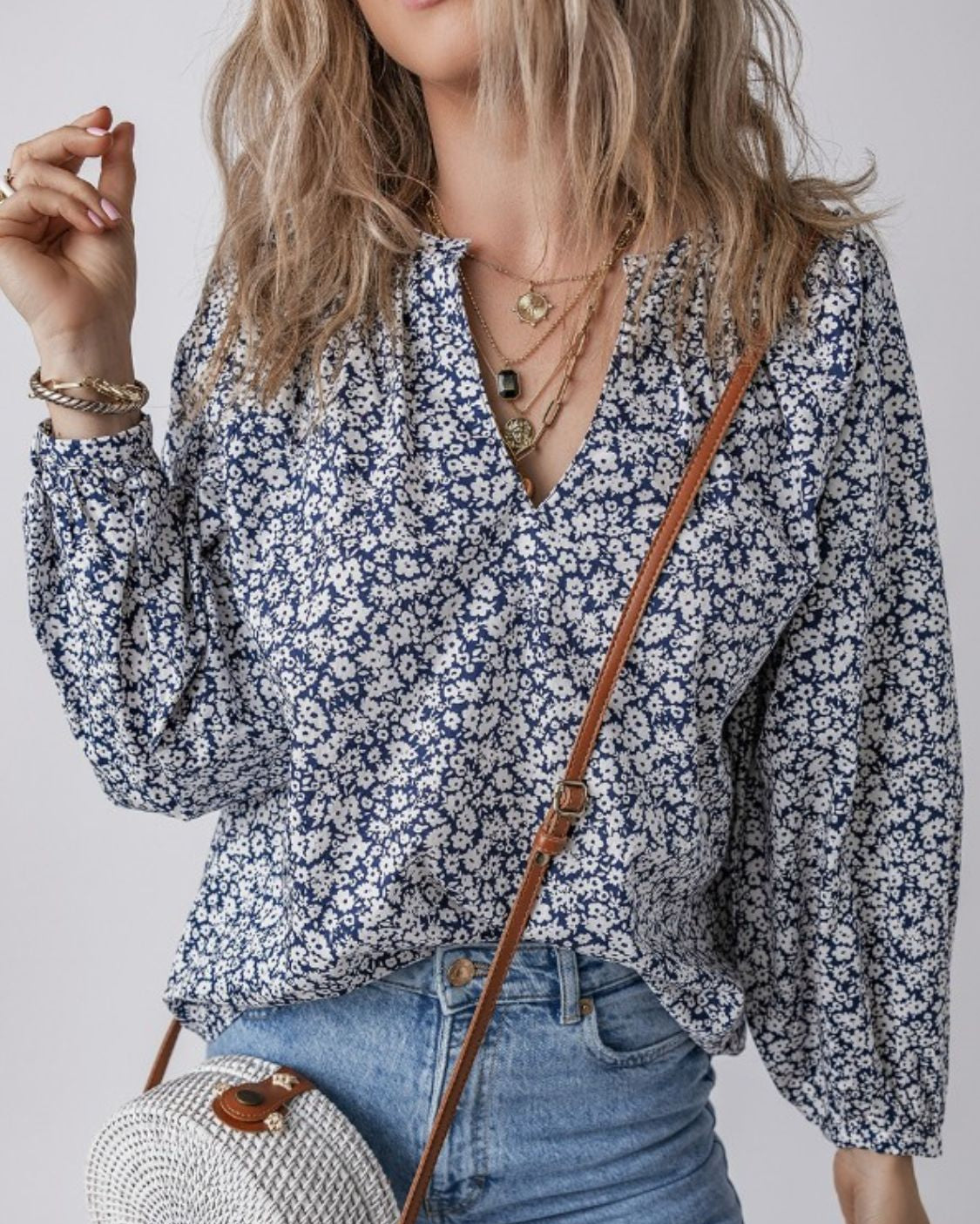Women's Dusty Blue Floral Print Cotton Blouse Long Sleeve aa615f8a-e03e-4d57-a071-838643cac87e-Max Trendsi