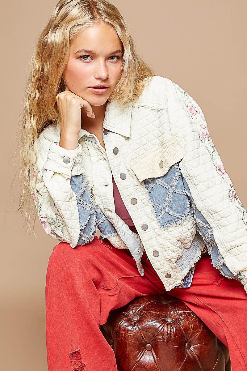 POL Quilted Jacket Women Embroidered Sleeve Raw Edge Denim Patch Pockets