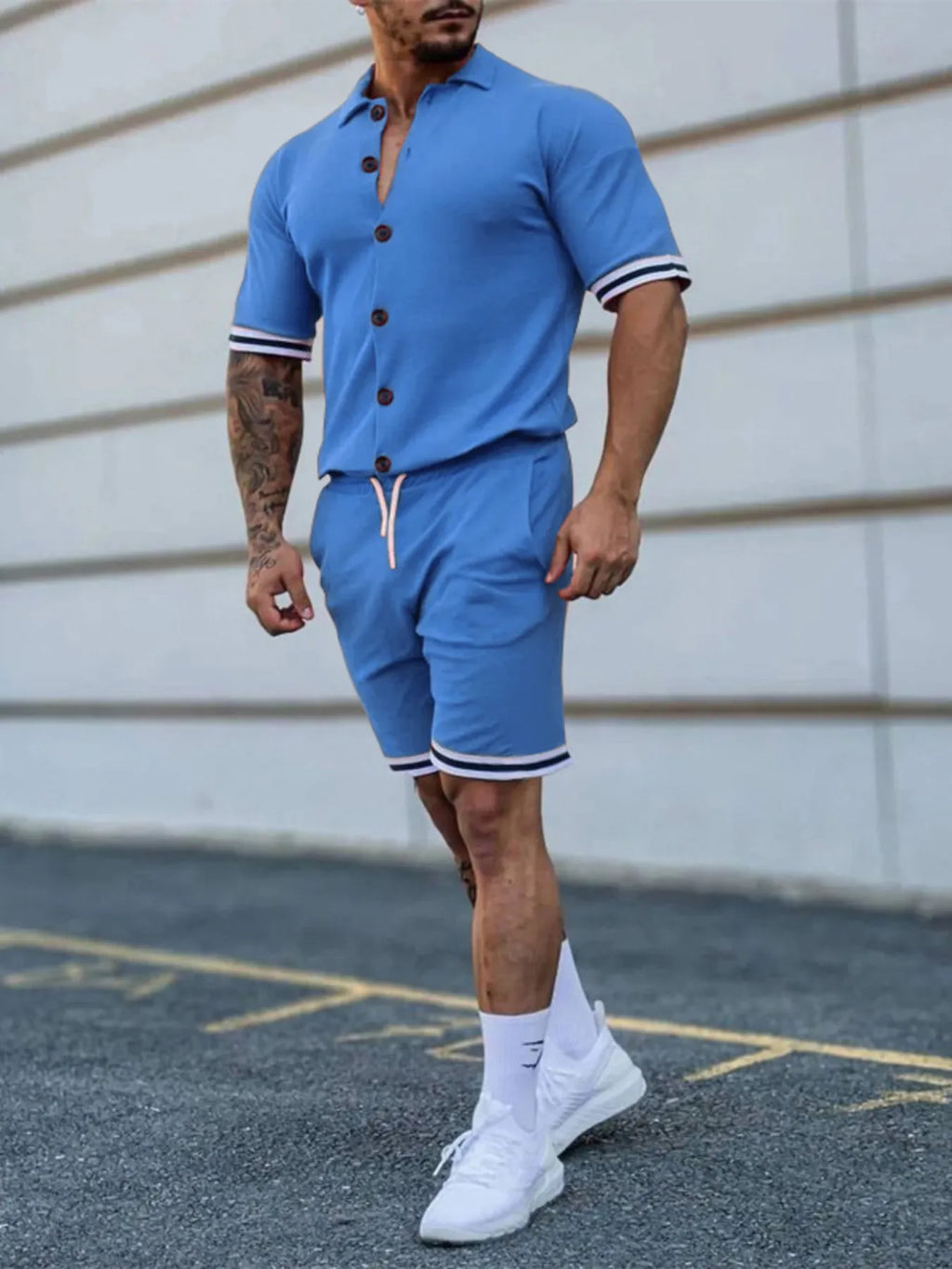 Men's Outfit Set Casual Striped Hem Button Up Short Sleeve Top and Shorts Light Blue aa726701a54747ad846a5c3333fb4051-Max-Origin Trendsi
