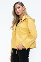How Dare U Women PU Leather Jacket Drawstring Hem Zip Up Jacket Yellow aa736fbe-36a7-4020-926b-00800527e808-Max Trendsi