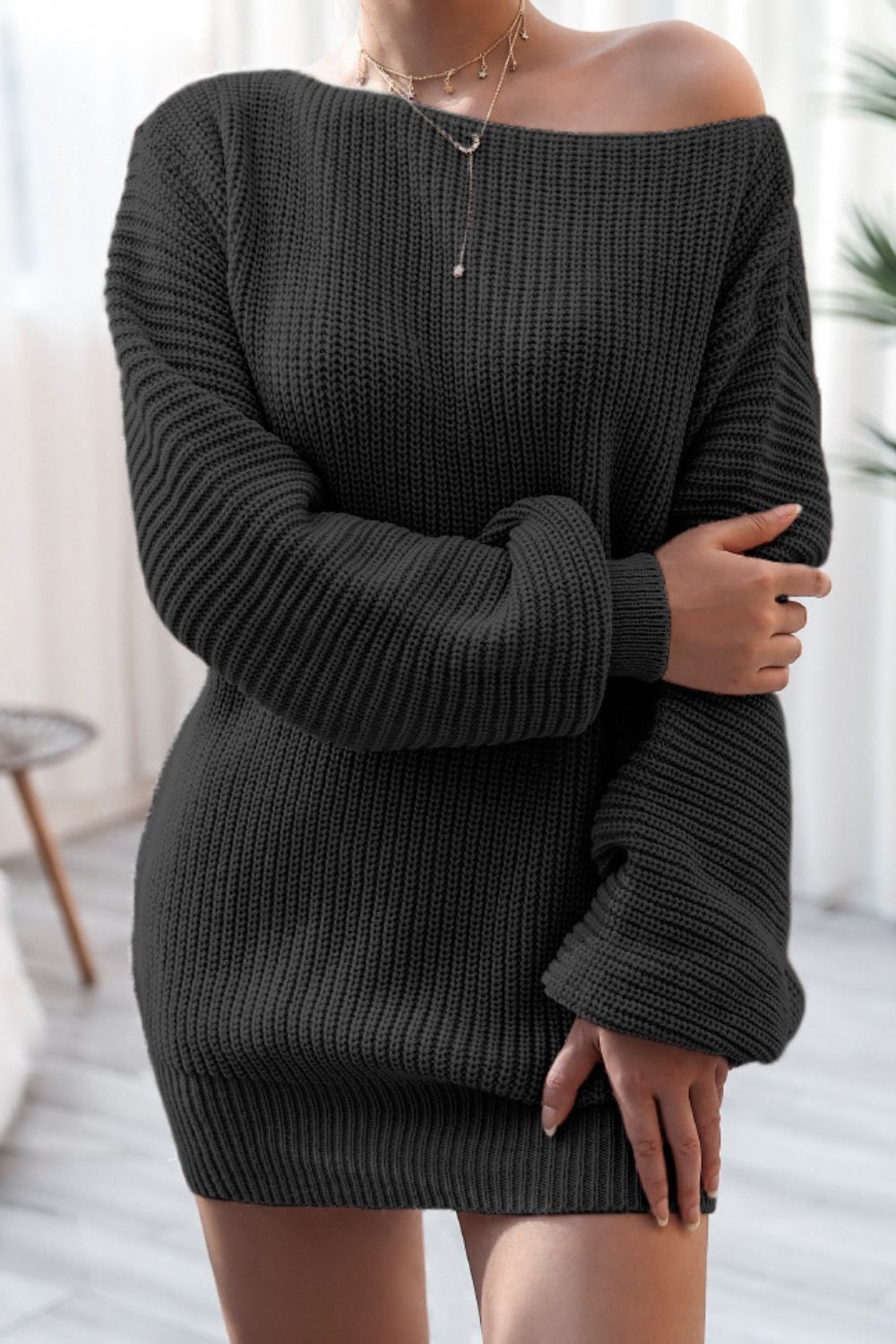 Mini Sweater Dress Boat Neck Long Sleeve Soft Acrylic Knit Basic Solid Style aa77e241-2d66-49d8-9c37-758be6f0507d-Max Trendsi