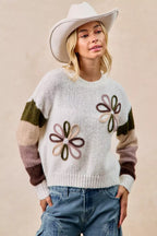 BiBi Flower Women's Sweater Color Block Ivory Brown Knit Pullover aa7a726e11b74fc8a6b08c7aa43ba318-Max-Origin Trendsi