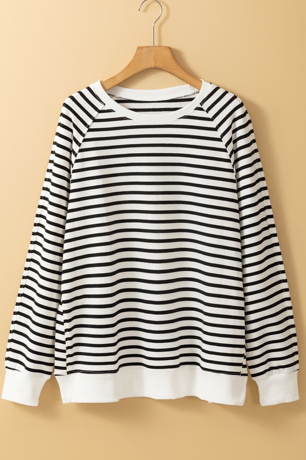 Striped Women Sweatshirt Cotton Side Slit Raglan Long Sleeve Oversized