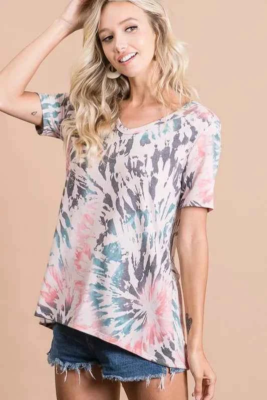BiBi Women T-shirt Tie Dye Print Terry Deep U Neck Top Short Sleeve Top aa8589d599e0445994f0cbdcfb0918e6-Max-Origin Trendsi