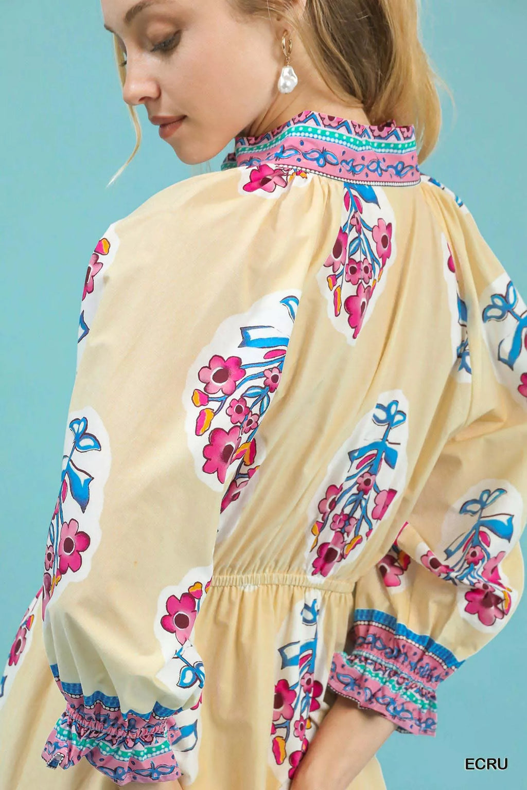 Umgee Midi Dress Flower Patch Border Print Ecru Ruffled Short Sleeve aa8f0eb0-e838-425a-bdd4-b07a3de72ba0-Max-Origin Trendsi