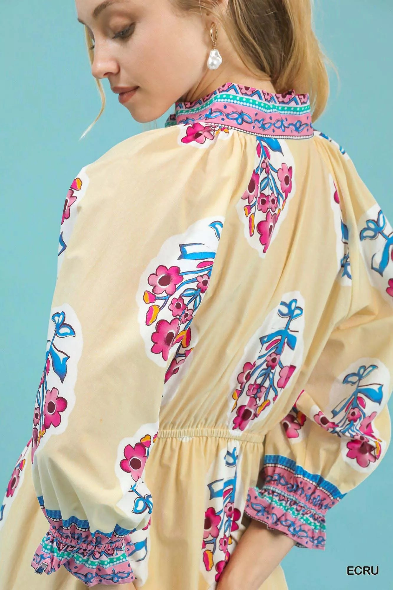 Umgee Midi Dress Flower Patch Border Print Ecru Ruffled Short Sleeve aa8f0eb0-e838-425a-bdd4-b07a3de72ba0-Max-Origin Trendsi