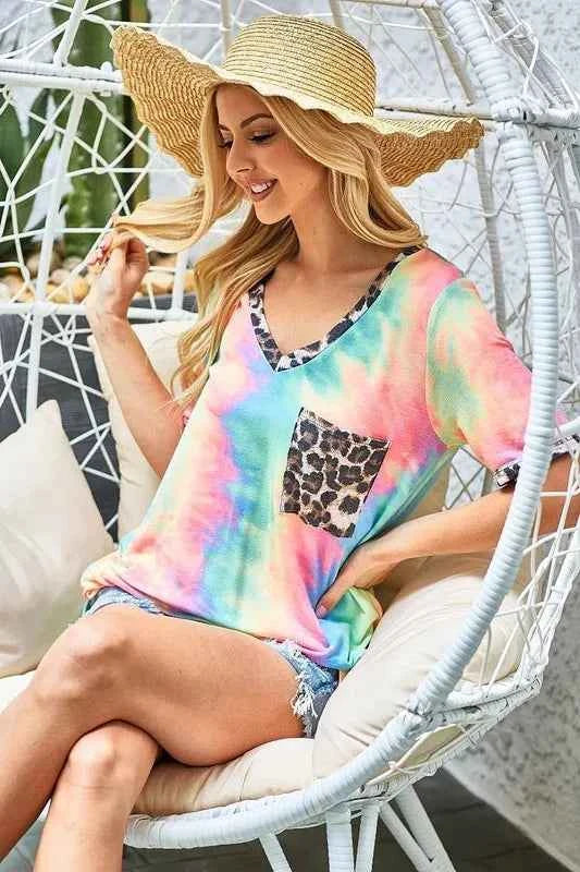 BiBi Women T-shirt Tie Dye Pastel Print V Neck Top With Front Patch Pocket aa9d81e5a6314c8094e59bdedfd45dd3-Max-Origin Trendsi