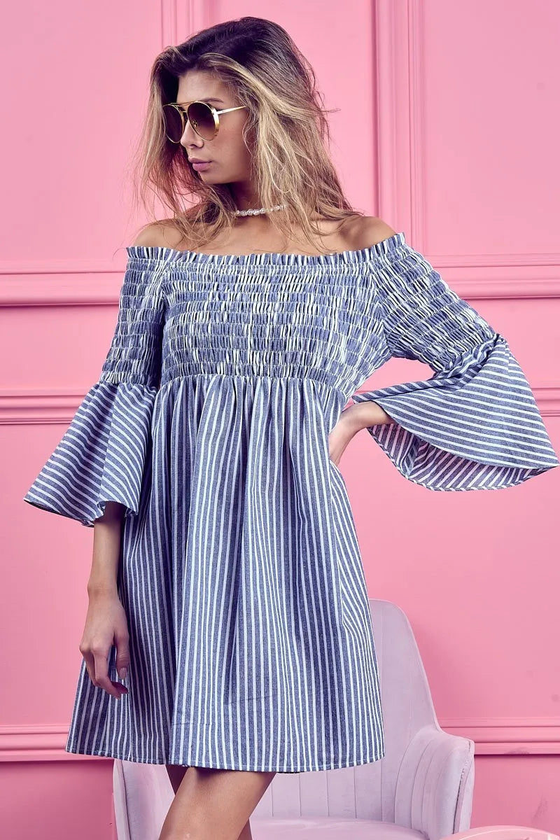 BiBi Short Dress Off Shoulder Denim Blue Striped Smocked Ruffled aaa2c599cf544ae4ad97a2dca2d25703-Max-Origin Trendsi