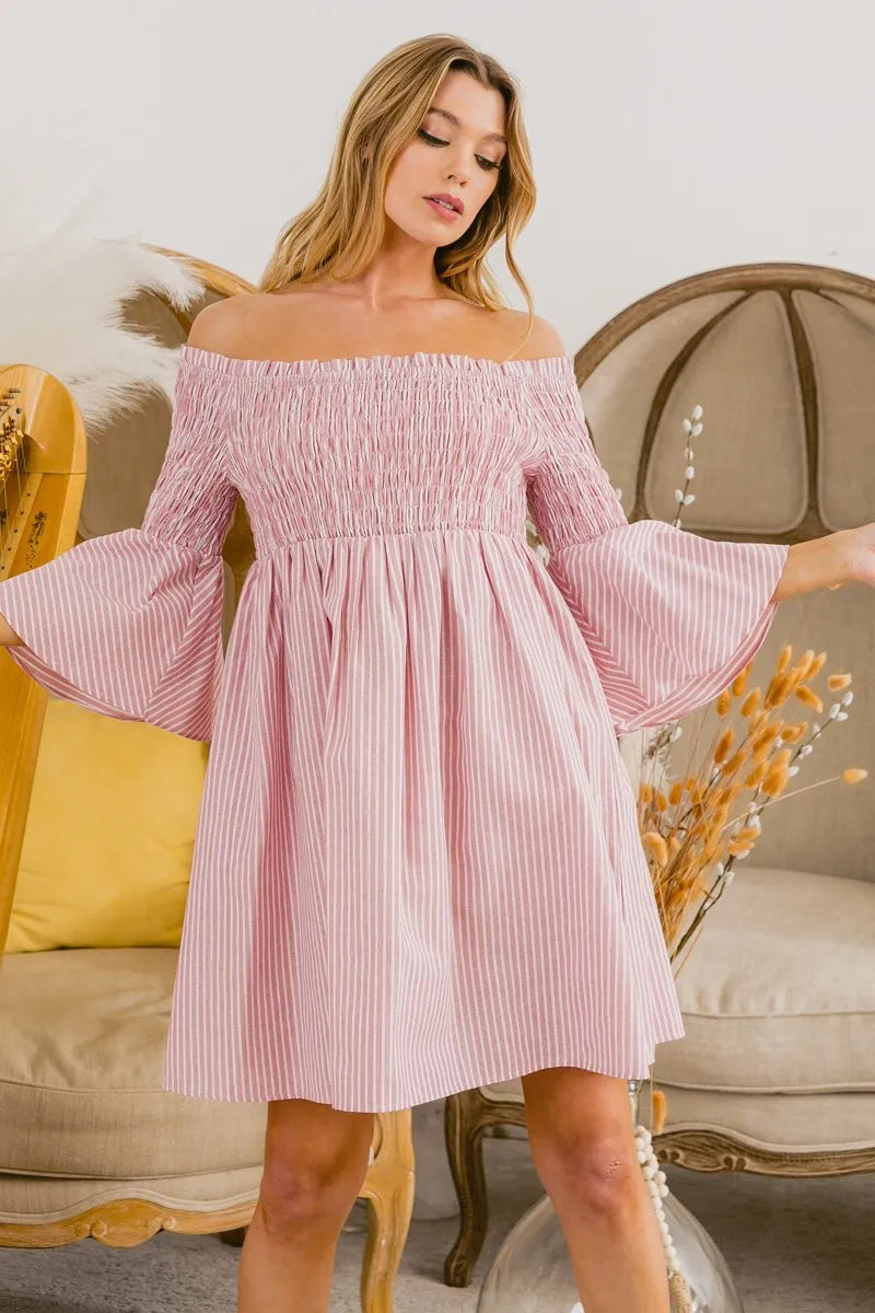 BiBi Striped Dress Blush Pink Smocked Off Shoulder Ruffled aaa6e33d59c34019ade264f0d21dea1f-Max-Origin Trendsi