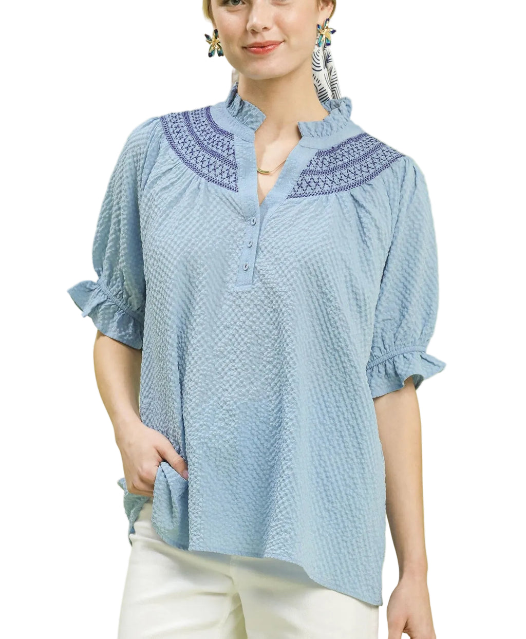 Umgee Textured Henley Blouse with Ruffle Cuffs
