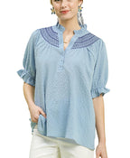 Umgee Textured Henley Blouse with Ruffle Cuffs