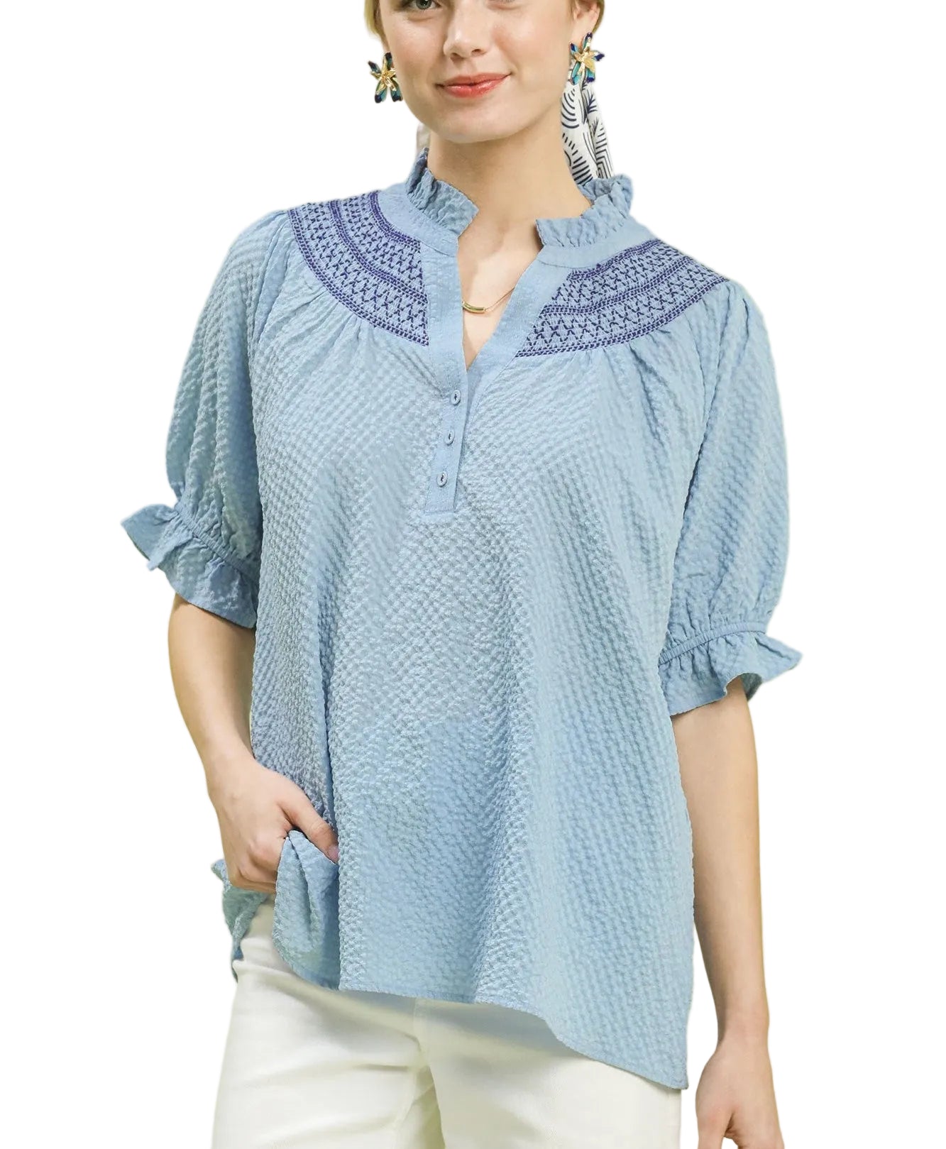 Umgee Textured Henley Blouse with Ruffle Cuffs