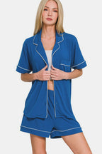 Zenana Lounge Set Classic Blue Short Sleeve Top and Shorts 2 Pcs Set aab167c2-f5ce-472a-adb4-888b22b30142-Max Trendsi