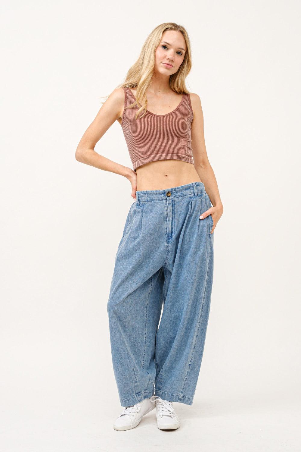 And The Why Pleated Baggy Jeans USA Stock Elastic Back Jeans