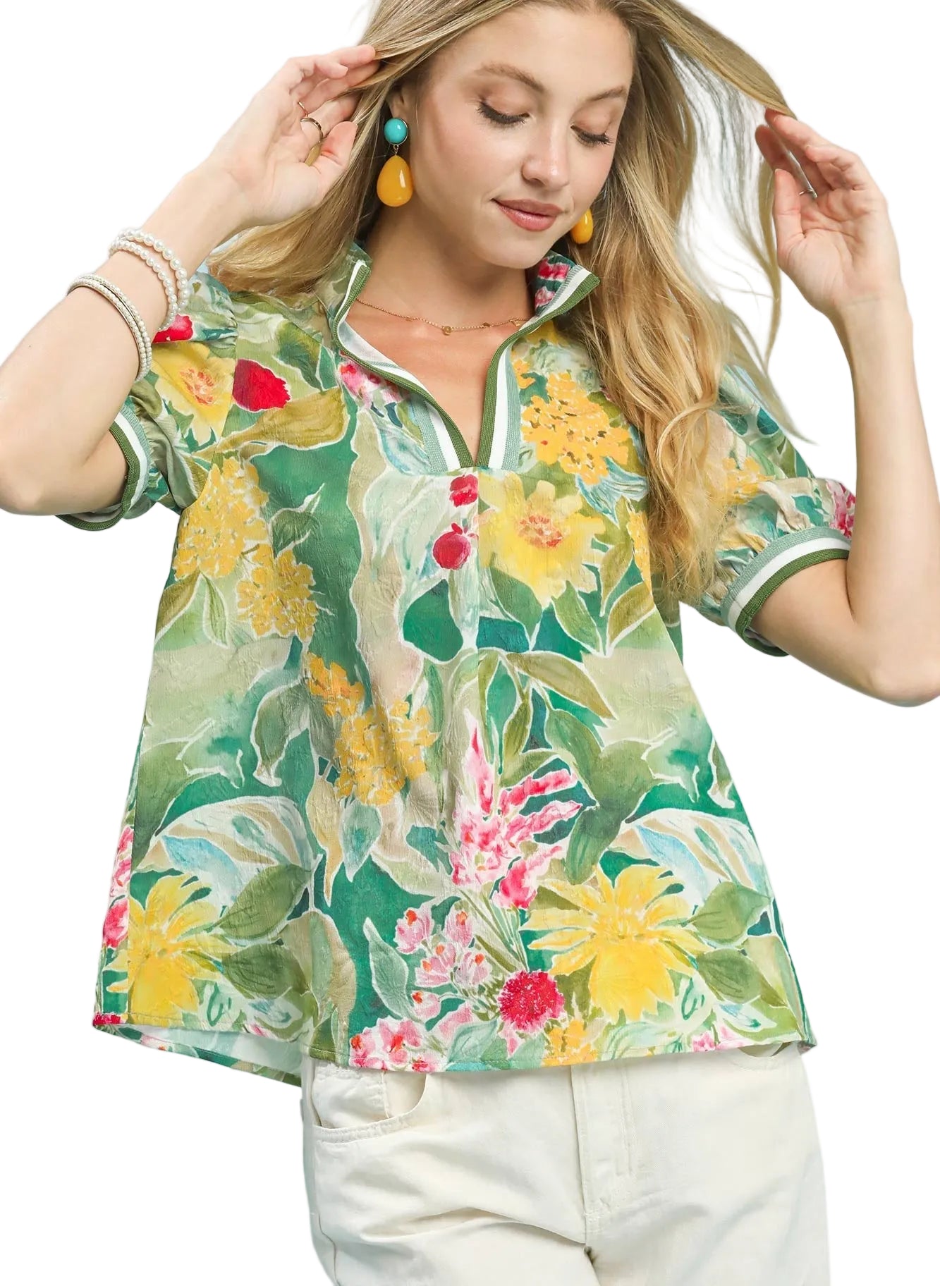 Umgee Jacquard Bloomscape Floral Print Top